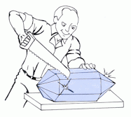 Animated sketch Denton sawing a large crystal.