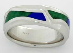 A platinum ring with blue and green inlays of Lapis and Maw Sit Sit Jadeite.
