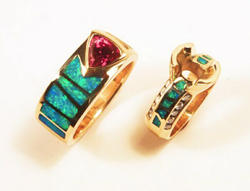 2 Opal inlay rings. One is set with a trillion pink Tourmaline.