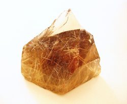 Shows a 4 inch tall large crystal of Rutillated Quartz.