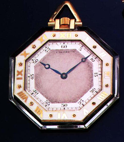 Finished pocketwatch with the movment mounted into the octagonal carved Quartz watch case.
